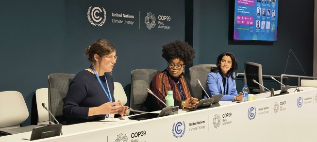 Yasemin Koluglu (right), moderated a panel on the power of culture with Claire McQuire (left) and Crystal A. Felima (middle) at COP29 in Baku, Azerbaijan.