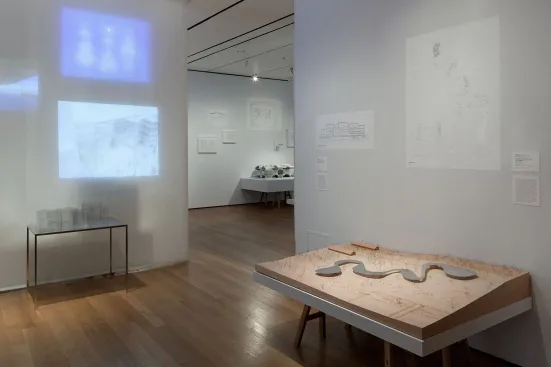 Exhibit detail showing the model of SANAA's Grace Farms