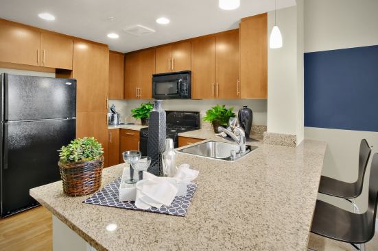 Contemporary kitchens boast hardwood cabinets, stainless steel sinks and ranges, Energy Star-rated dishwashers and refrigerators, floor-to-ceiling pantries, and granite countertops.