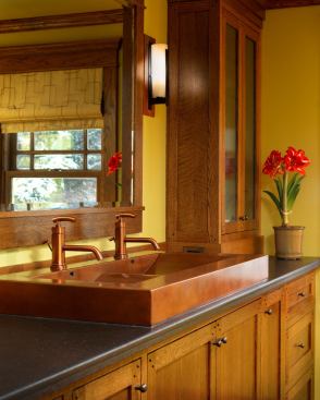 Trend #10: Farmhouse style is also popular in times of simplicity. This copper trough skirted sink from Diamond Spas fits the aesthetic and offers a warm alternative to stainless steel.