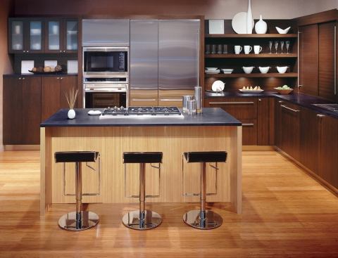 Trend #4: This EcoTop countertop by Kliptech is an FSC-certified product made from 100% post-consumer recycled fiber and rapidly renewable bamboo with a water-based seal. Looks great and contains no VOCs.