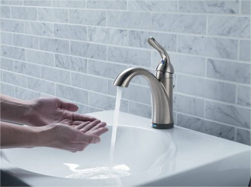 Delta. The Addison and Lahara (shown) lavatory faucets are now available with the company's Touch2O Technology, which allows users to turn the faucet on or off with just a touch to the spout, or with Touch2O XT, which includes the touch technology as well as proximity-sensing technology for two options for handle-free operation. The proximity sensor is located on the bottom of the spout, so it remains streamlined without affecting styling; an LED light flashes when the unit is in hands-free mode and remains steady when it's in touch mode. The faucets are WaterSense labeled and come in Brilliance stainless, chrome, or Venetian bronze finishes. www.deltafaucet.com. --K.T.