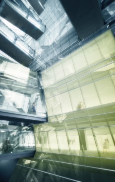 Sky bridges connect core to main tower