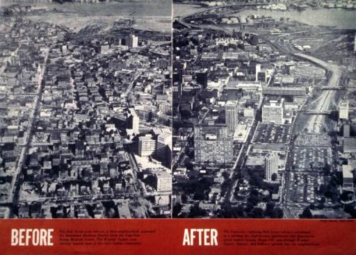 The Oak Street neighborhood in New Haven, Conn. before and after the construction of the connector freeway