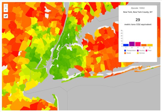 New York City carbon footprint map, showing average total and annual household footprint by zip code