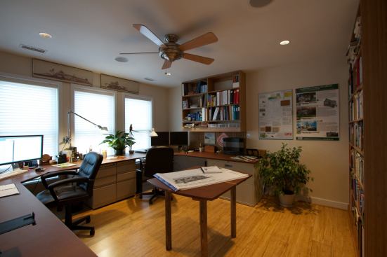 The former garage was turned into a home office to add space without increasing the original home’s footprint.