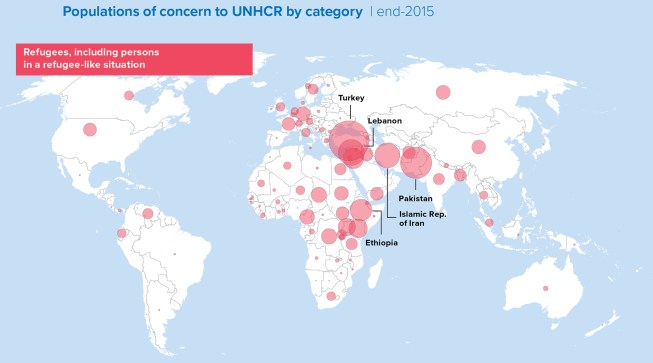 A UNHCR map showing the concentrations of refugees worldwide at the end of the 2015