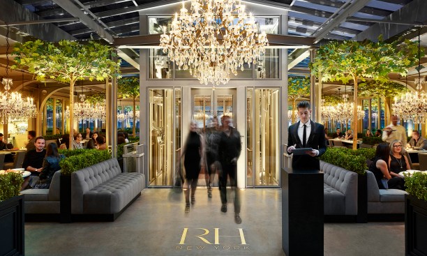 The elevator telegraphs soft warm light into the rooftop lobby, RH New York