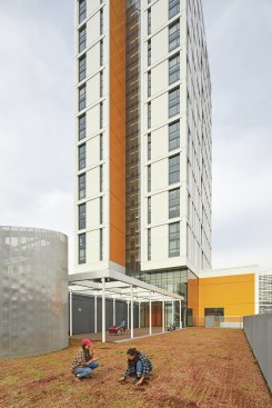 Ryerson University DCHSC’s podium roof at level eight hosts an urban farm, which, combined with high albedo paving and roof membranes, reduces urban heat island effect—a marked improvement from the site’s prior use as a surface parking lot. The project deploys bird-safe glass with a highly visible frit pattern for all glazing within 30 feet of grade- or upper-level planted surfaces; the extensive use of glazing also strengthens the connection between indoor and outdoor spaces.