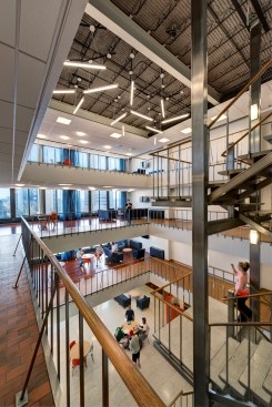 Abundant natural light as well as new lighting fixtures both enliven the space and increase visibility in the atrium of Ballard Hall.