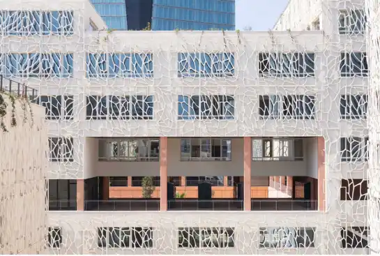 A more specialized technology is a bio-based facade trellis. This envelope product is the result of a collaboration between Bcomp, a fiber producer, and Temca, a composite manufacturer. Installed on the new Cité Scolaire Internationale Jacques Chirac school in Marseille, France, the trellis provides shade and imparts a distinctive visual pattern for the facade.