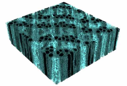 FLorida Atlantic University Engineers fortify wood with nano-iron. A microCT image shows the distribution of the iron mineral in the wood cell wall (in turquoise).