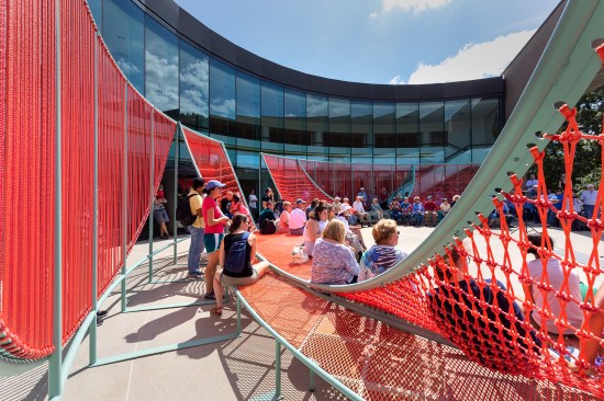 Soft Civic used custom-fabricated structures with woven surfaces to turn the public spaces around SOM’s City Hall in Columbus, Ind., into destinations for play and performance.