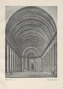 Drawing of the interior of Soldatenhalle (Soldiers’ Hall) by Wilhelm Kreis, featuring Victor, c. 1938. The monumental Neoclassical building was intended by Hitler and Speer as a temple to Germany’s military glory and a centerpiece of the Nazi capital.