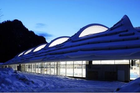 Speedskating Stadium Inzell: Max Aicher Arena  Through the continuous glass fa&ccedil;ade of the Speedskating Stadium Inzell, athletes and spectators can enjoy sweeping views of the Bavarian Alps.