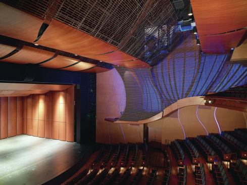 The Bram Goldsmith Theater, lined with acoustically and visually transparent wood paneling, seats 500. 