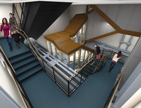 This rendering depicts 
the new metal and glass stairs, which appear to float free of the walls 
of the statue, keeping the structure's original support girders 
untouched.&nbsp;Critical and&nbsp;emergency systems such as sprinklers and 
lighting are installed&nbsp;beneath the stairs, with major mechanical 
equipment situated in a modern space at the base of the pedestal.