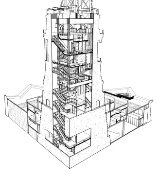 A perspective of the stairs looking northeast.