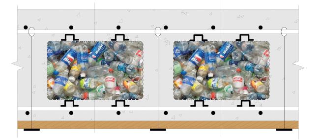 The system can utilize different types of refuse in various assemblies. Shown here, discarded plastic bottles are compressed into blocks.
