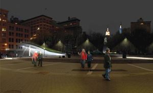 This re-examination of lighting for New York City's Union Square explores the possibilities of “borrowed light.” A reconfigured subway entrance at the park's southwest corner (above) provides a more sculptural presence in this “urban landscape.” AL071101066L2.jpgCLICK TO VIEW IMAGE GALLERY