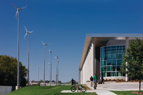 Perhaps the most prominent nod to the Lady Bird Johnson Middle School's energy-efficient measures are the 12 45-foot-tall wind turbines that line the west side of the site.