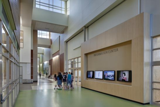 Lady Bird Johnson Middle School's classroom and hallways are equipped with daylight harvesting and dimming equiment. Exterior windows have sensors that control the light level of indoor fixtures in response to the available amount of natural daylight.