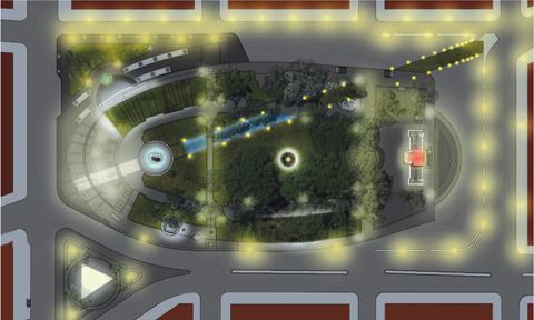 The design strategy uses light from within the subway station to provide exterior illumination in the park as shown in the plan rendering (above) and section through the subway entrance (next image).