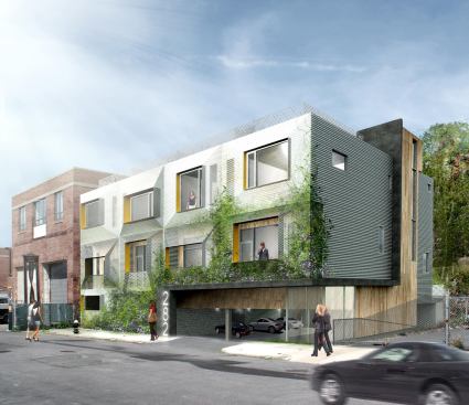 Designed for a site on the East Boston waterfront, this building of loft apartments uses a mesh screen to support a “vertical garden.”