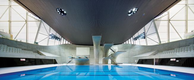 The Aquatics Centre roof structure is supported by only three points, including a shear wall at the facility's south end.