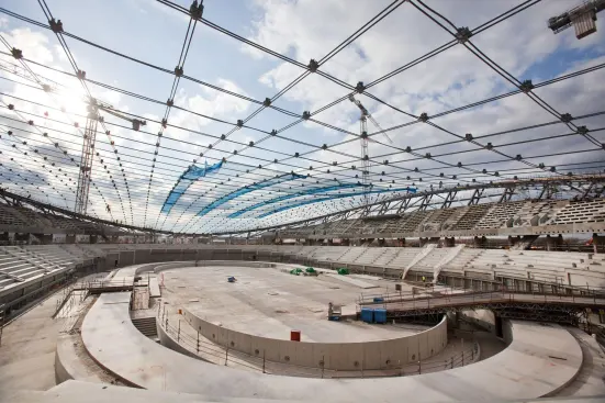 The Velodrome's cable-net roof system creates a grid of twin steel cables with a node connector at every intersection.