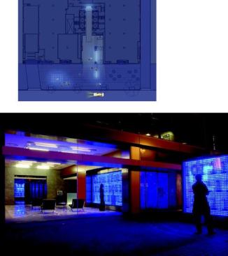 The project's zones of illumination are visible in the site plan, which shows the location of the three LED light vitrines—two inside the lobby and one on the street—and the Sound Grove grid cluster. The interactive LED net broadcasts the building address (1110 Vermont) through a series of suspended LED pixels. In turn, the content of the LED screen is overlaid with the live feed to form a “digital shadow” .
