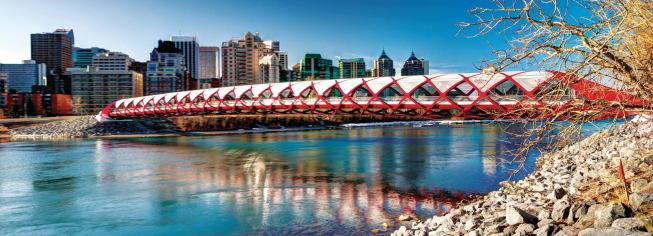 Calgary’s new Peace Bridge carries pedestrians and bicyclers into the city center from the surrounding suburbs.
