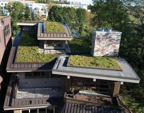 The multi-level green roof aids in insulation and decreases water runoff.