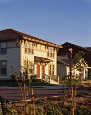 The houses, most of them attached, feature regionally appropriate Craftsman detailing and colors.