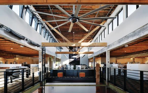Natural ventilation is used throughout the space, and an energy-recovery ventilator turns on when carbon dioxide levels are twoo high.