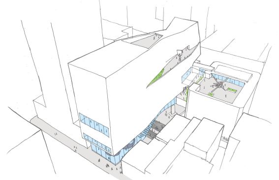 Sketch of expansion showing pedestrian allée and rooftop garden