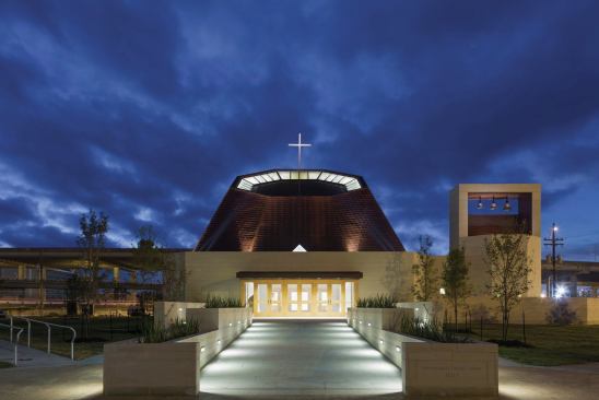 A view of the entire campus of St. Katherine Drexel Chapel at night.