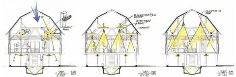 Early sketches by architect Helmut Jahn describe the lighting design's evolution and placement of fixtures. 