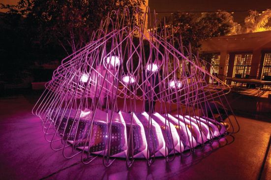 A social media “whispering wall,” as the architects describe the project, Datagrove was exhibited last year outside the San Jose, Calif., opera house. The installation monitors trending Twitter feeds in Silicon Valley and, when visitors approach, broadcasts them on LCD displays and over speakers. The firm designed and fabricated all the digital and electronic equipment and actuators.
