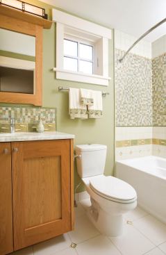 The bathrooms, which were designed with water savings in mind, feature Kohler dual-flush toilets and low-flow showerheads.