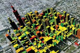 The team compiled a database of information that helped determine carbon emissions for buildings in the Chicago Loop. These emissions can now be visualized on a color spectrum from red (very high emissions) to dark green (low emissions).