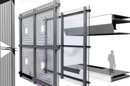HelioTrace is composed of three systems: exterior shading (both shades that are perpendicular to the building, far left, and shades parallel to the fa§ade, second from left); a high-performance curtain wall; and complementary M/E/P and building systems.