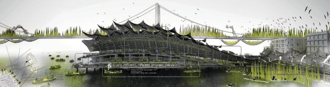 Exhibited at the San Francisco Museum of Modern Art as part of a 2012 show entitled “The Utopian Impulse,” the Hydramax Port Machine project proposes how the San Francisco waterfront can respond to rising sea levels. Rather than barricade the city with dykes and seawalls, Hydramax offers soft tidal edges with responsive, biologically inspired architecture—aquatic parks, gardens, and wildlife refuges—that harness the water for drinking, power, and food production. The model displayed at the museum incorporates motion sensors that, when triggered by visitors, cause featherlike solar collectors and fog-catchers to wave slowly in the air.