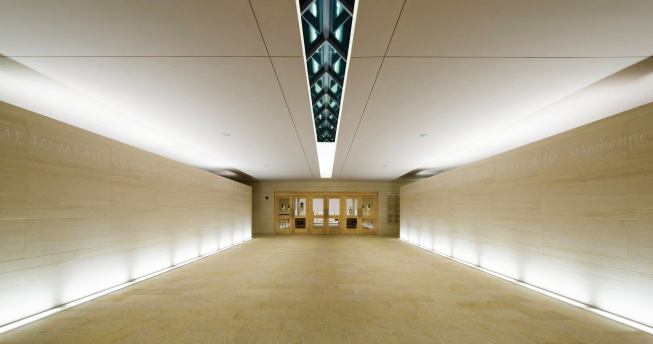 The Narthex at night, facing the sanctuary.