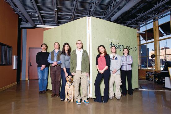 Hyperform Design Co-opLocation: Arvada, Colo.

Directors: Eric Anderson, Tim Geisler, and Carrie Momeni, pictured (from left), with Ripley the dog and fellow co-op members Daniel Gonzalez, Dorothy Ma, Tim Nuanes, and Sonja Holmes.

Motive: "Everybody's so stressed out with the economy. All of our members want to be involved in something like this, and they want to have opportunities to make a living. We're doing our very best to satisfy both of those needs." —Tim Geisler