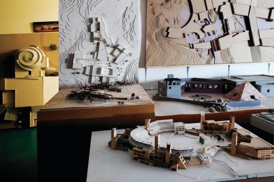 "There are models everywhere. The practice is 3D from the beginning," Predock says. One of the galleries in the exhibition at the University of New Mexico Art Museum (on view through May 22) is dedicated to Predock's models and design drawings; the model shown is of the ballpark he designed for the San Diego Padres. "I make clay models that evolve into digital models. Models are the essence of the studio, always have been, always will be."
