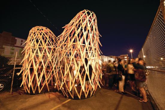 Trilux, an art installation commissioned in 2011 by the Museum of Craft and Design in San Francisco, was displayed at Proxy, a temporary urban activation project in Hayes Valley that featured food vendors housed in transformed shipping containers. The project explored fabrication techniques and served as a gathering place for visitors, who could walk inside the latticed wood.