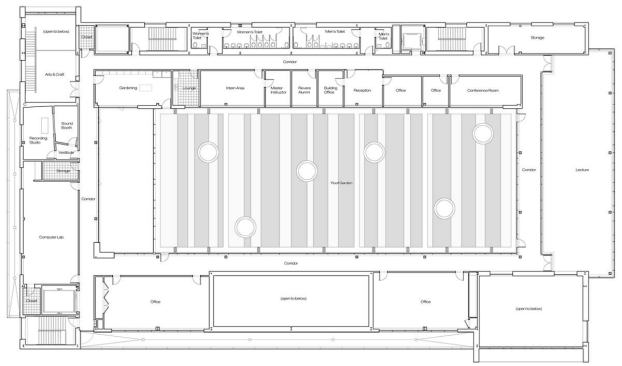 Six circles that dot the third-floor plan are skylights, which bring natural light to the gym area below.