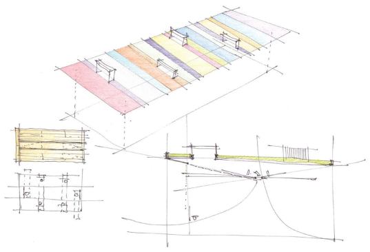 Ronan's sketches show the rows of the garden, each one devoted to a different planting. The rows line up with the mullions of the glass wall of the third-floor hallway.