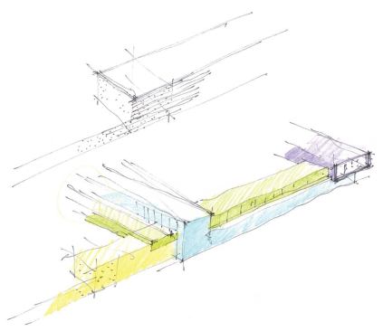 Three color sketches by the architect suggest how he put the building together. The top two show hallways, classrooms, and offices framing the gym/ auditorium and cafeteria. 
